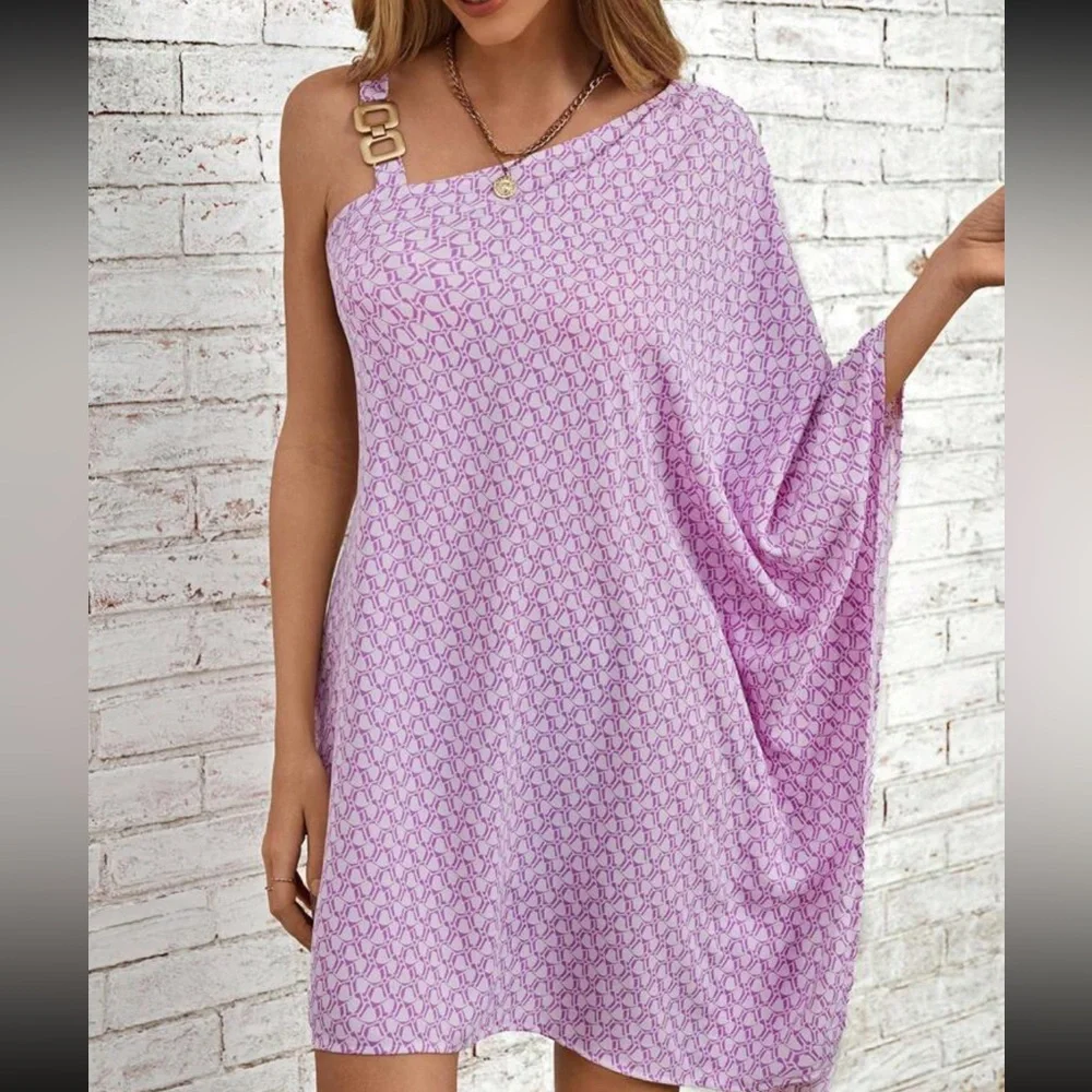 Boho chain strap one shoulder batwing sleeve mini dress - Picture 2 of 5